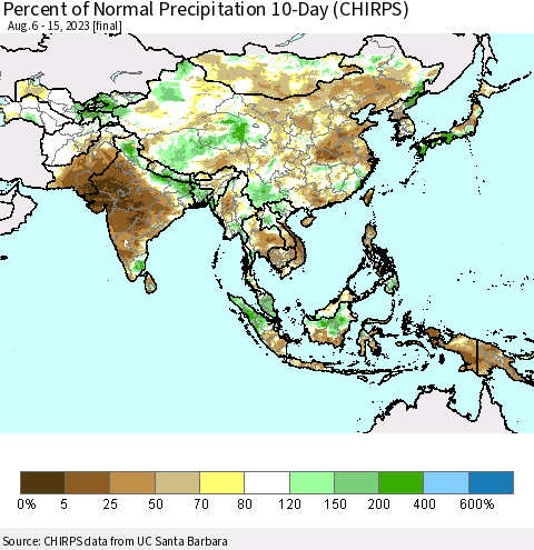 Asia Percent of Normal Precipitation 10-Day (CHIRPS) Thematic Map For 8/6/2023 - 8/15/2023