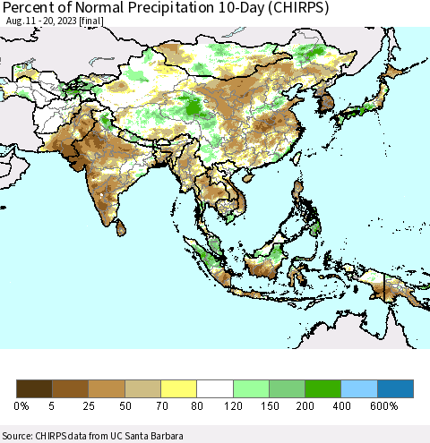 Asia Percent of Normal Precipitation 10-Day (CHIRPS) Thematic Map For 8/11/2023 - 8/20/2023
