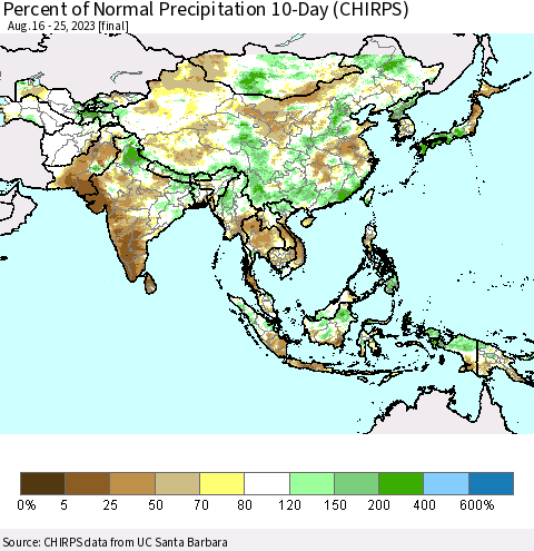 Asia Percent of Normal Precipitation 10-Day (CHIRPS) Thematic Map For 8/16/2023 - 8/25/2023