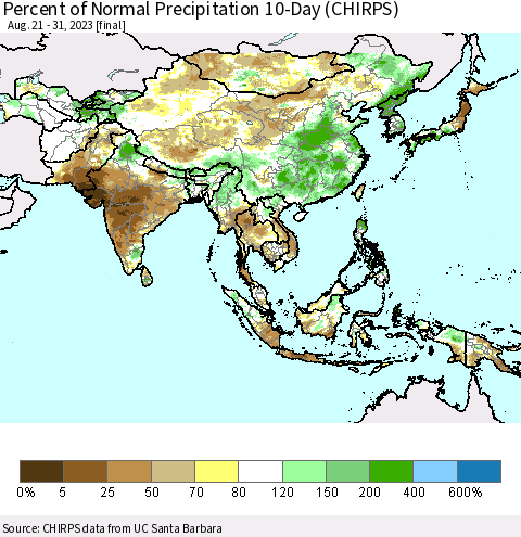 Asia Percent of Normal Precipitation 10-Day (CHIRPS) Thematic Map For 8/21/2023 - 8/31/2023