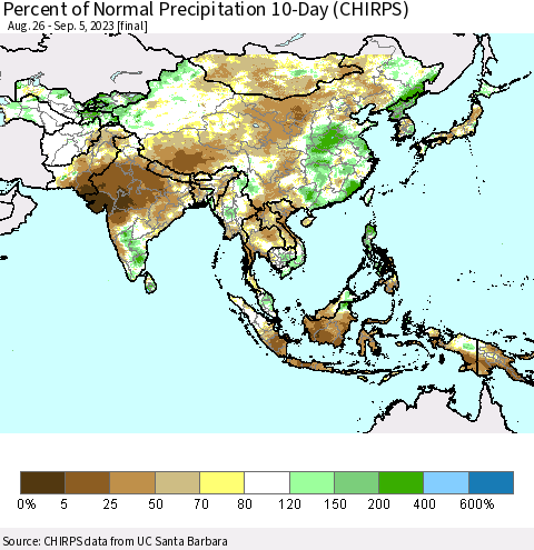 Asia Percent of Normal Precipitation 10-Day (CHIRPS) Thematic Map For 8/26/2023 - 9/5/2023
