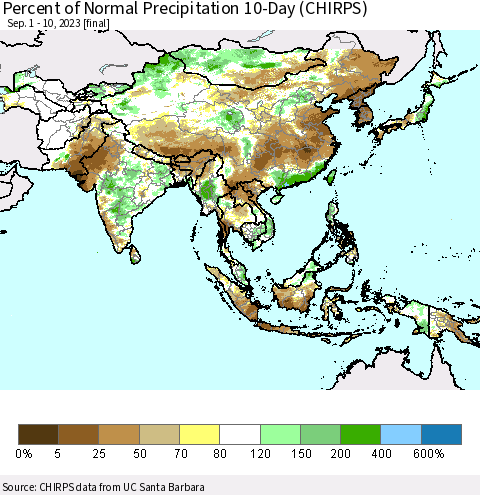 Asia Percent of Normal Precipitation 10-Day (CHIRPS) Thematic Map For 9/1/2023 - 9/10/2023