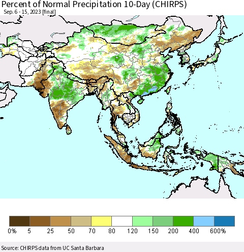 Asia Percent of Normal Precipitation 10-Day (CHIRPS) Thematic Map For 9/6/2023 - 9/15/2023