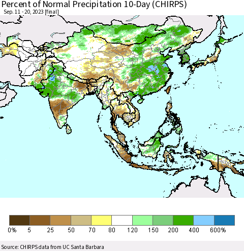 Asia Percent of Normal Precipitation 10-Day (CHIRPS) Thematic Map For 9/11/2023 - 9/20/2023