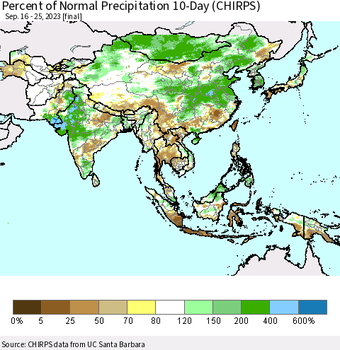 Asia Percent of Normal Precipitation 10-Day (CHIRPS) Thematic Map For 9/16/2023 - 9/25/2023