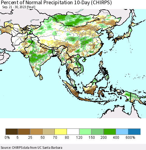 Asia Percent of Normal Precipitation 10-Day (CHIRPS) Thematic Map For 9/21/2023 - 9/30/2023