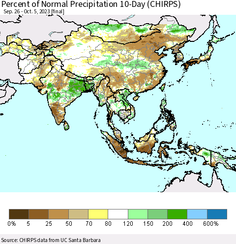Asia Percent of Normal Precipitation 10-Day (CHIRPS) Thematic Map For 9/26/2023 - 10/5/2023