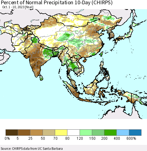Asia Percent of Normal Precipitation 10-Day (CHIRPS) Thematic Map For 10/1/2023 - 10/10/2023