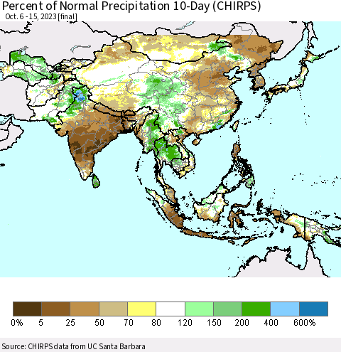 Asia Percent of Normal Precipitation 10-Day (CHIRPS) Thematic Map For 10/6/2023 - 10/15/2023