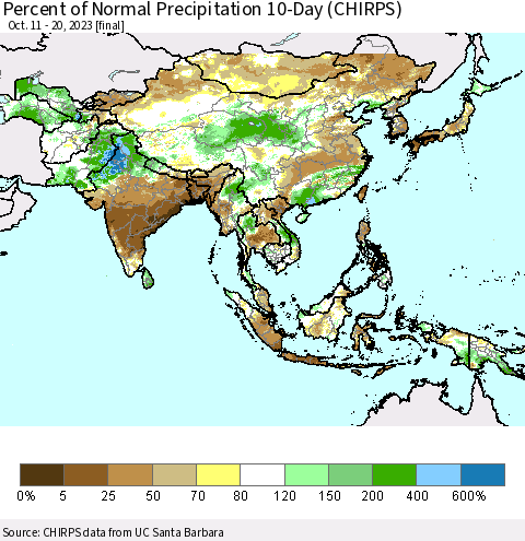 Asia Percent of Normal Precipitation 10-Day (CHIRPS) Thematic Map For 10/11/2023 - 10/20/2023