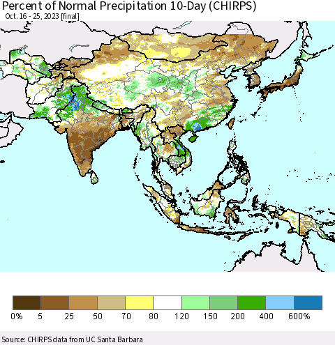 Asia Percent of Normal Precipitation 10-Day (CHIRPS) Thematic Map For 10/16/2023 - 10/25/2023