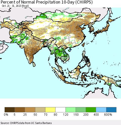Asia Percent of Normal Precipitation 10-Day (CHIRPS) Thematic Map For 10/21/2023 - 10/31/2023