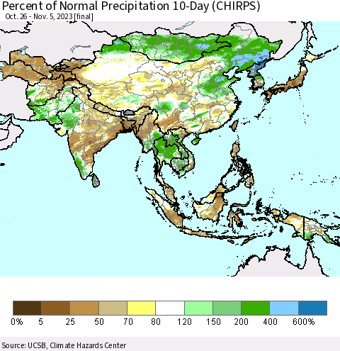 Asia Percent of Normal Precipitation 10-Day (CHIRPS) Thematic Map For 10/26/2023 - 11/5/2023