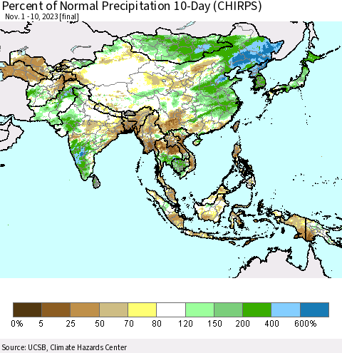 Asia Percent of Normal Precipitation 10-Day (CHIRPS) Thematic Map For 11/1/2023 - 11/10/2023