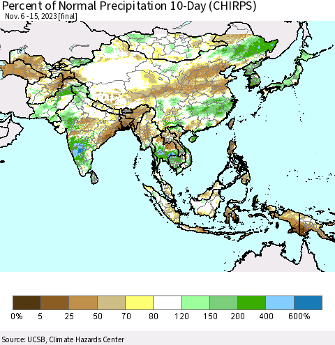 Asia Percent of Normal Precipitation 10-Day (CHIRPS) Thematic Map For 11/6/2023 - 11/15/2023