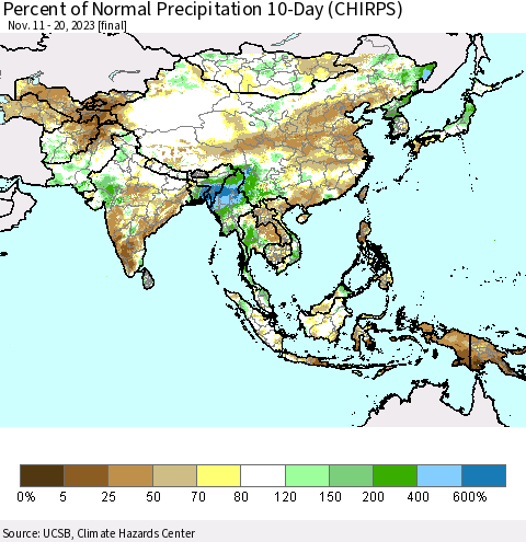 Asia Percent of Normal Precipitation 10-Day (CHIRPS) Thematic Map For 11/11/2023 - 11/20/2023