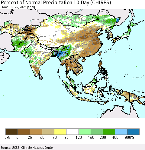 Asia Percent of Normal Precipitation 10-Day (CHIRPS) Thematic Map For 11/16/2023 - 11/25/2023