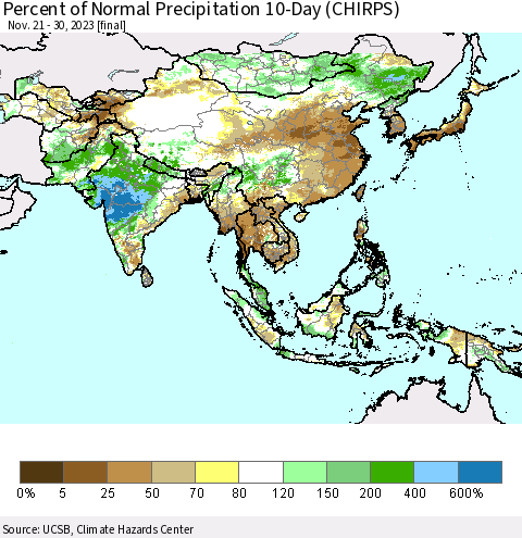 Asia Percent of Normal Precipitation 10-Day (CHIRPS) Thematic Map For 11/21/2023 - 11/30/2023
