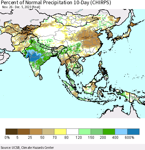 Asia Percent of Normal Precipitation 10-Day (CHIRPS) Thematic Map For 11/26/2023 - 12/5/2023