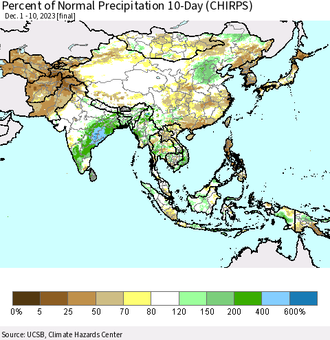 Asia Percent of Normal Precipitation 10-Day (CHIRPS) Thematic Map For 12/1/2023 - 12/10/2023