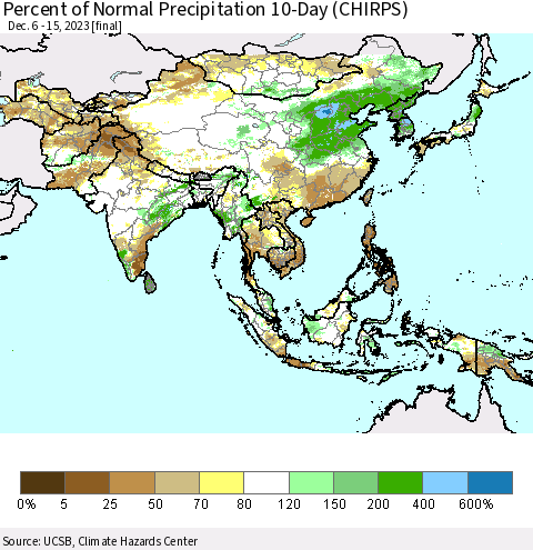 Asia Percent of Normal Precipitation 10-Day (CHIRPS) Thematic Map For 12/6/2023 - 12/15/2023