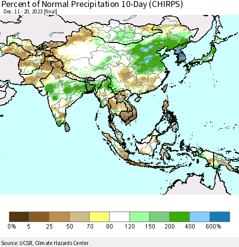 Asia Percent of Normal Precipitation 10-Day (CHIRPS) Thematic Map For 12/11/2023 - 12/20/2023