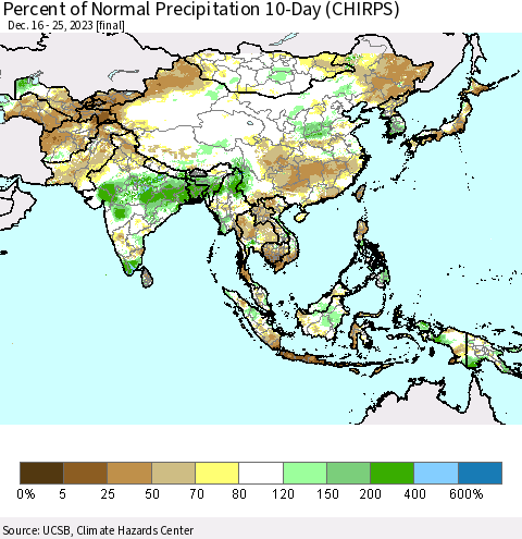 Asia Percent of Normal Precipitation 10-Day (CHIRPS) Thematic Map For 12/16/2023 - 12/25/2023