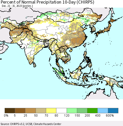Asia Percent of Normal Precipitation 10-Day (CHIRPS) Thematic Map For 12/21/2023 - 12/31/2023