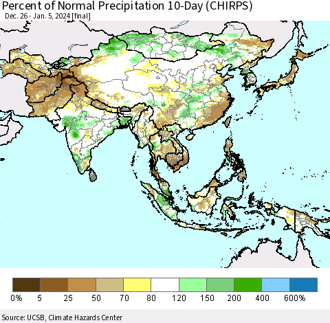 Asia Percent of Normal Precipitation 10-Day (CHIRPS) Thematic Map For 12/26/2023 - 1/5/2024