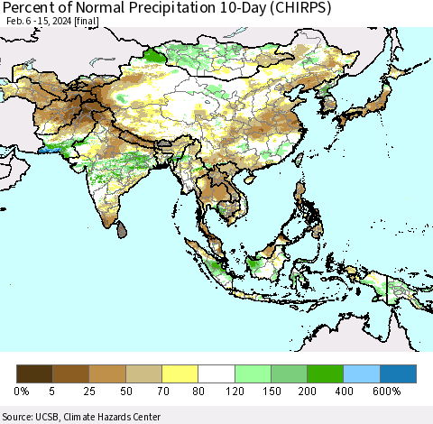 Asia Percent of Normal Precipitation 10-Day (CHIRPS) Thematic Map For 2/6/2024 - 2/15/2024