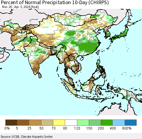 Asia Percent of Normal Precipitation 10-Day (CHIRPS) Thematic Map For 3/26/2024 - 4/5/2024