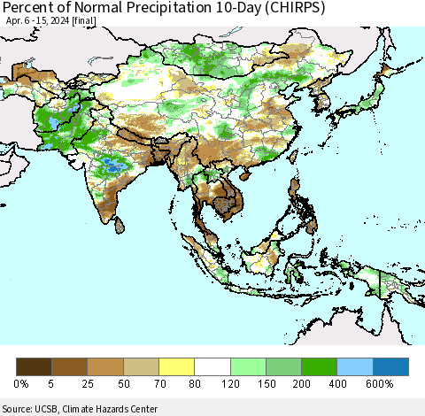 Asia Percent of Normal Precipitation 10-Day (CHIRPS) Thematic Map For 4/6/2024 - 4/15/2024
