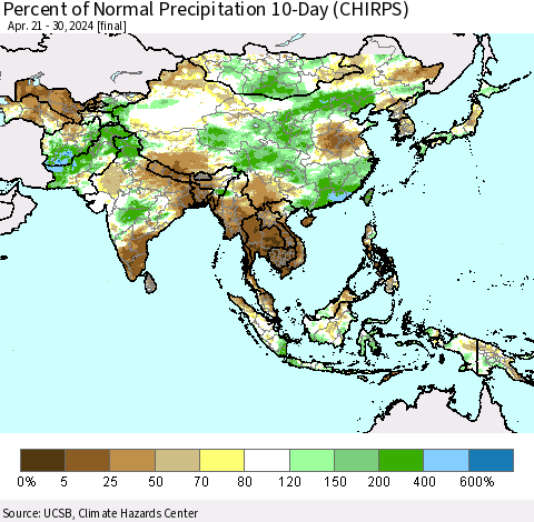 Asia Percent of Normal Precipitation 10-Day (CHIRPS) Thematic Map For 4/21/2024 - 4/30/2024
