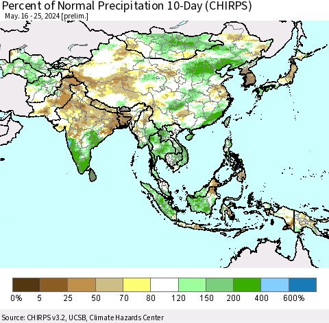 Asia Percent of Normal Precipitation 10-Day (CHIRPS) Thematic Map For 5/16/2024 - 5/25/2024