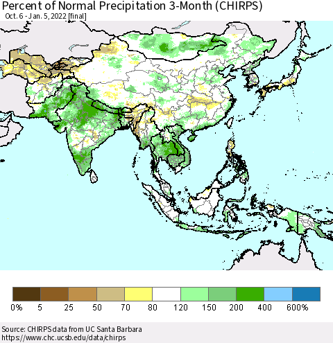 Asia Percent of Normal Precipitation 3-Month (CHIRPS) Thematic Map For 10/6/2021 - 1/5/2022