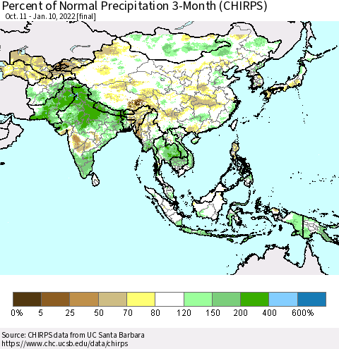 Asia Percent of Normal Precipitation 3-Month (CHIRPS) Thematic Map For 10/11/2021 - 1/10/2022