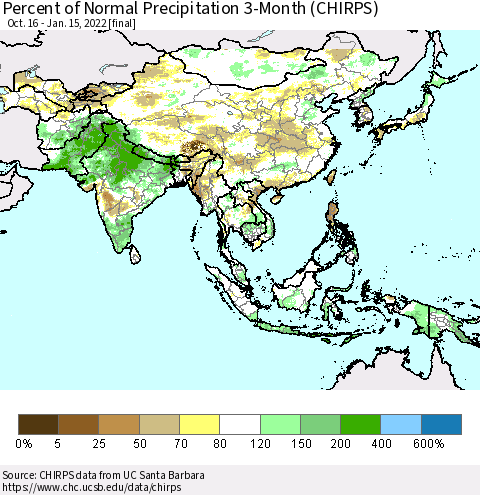 Asia Percent of Normal Precipitation 3-Month (CHIRPS) Thematic Map For 10/16/2021 - 1/15/2022