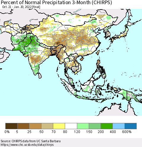 Asia Percent of Normal Precipitation 3-Month (CHIRPS) Thematic Map For 10/21/2021 - 1/20/2022