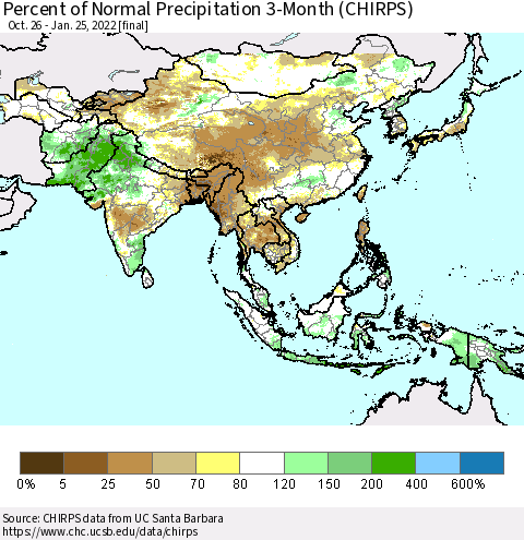 Asia Percent of Normal Precipitation 3-Month (CHIRPS) Thematic Map For 10/26/2021 - 1/25/2022
