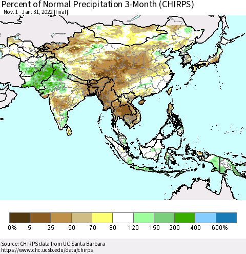 Asia Percent of Normal Precipitation 3-Month (CHIRPS) Thematic Map For 11/1/2021 - 1/31/2022