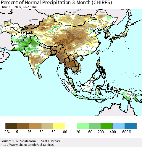 Asia Percent of Normal Precipitation 3-Month (CHIRPS) Thematic Map For 11/6/2021 - 2/5/2022