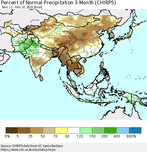 Asia Percent of Normal Precipitation 3-Month (CHIRPS) Thematic Map For 11/11/2021 - 2/10/2022