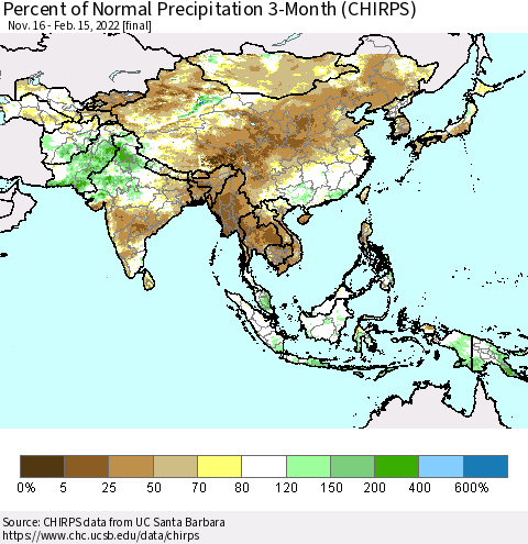 Asia Percent of Normal Precipitation 3-Month (CHIRPS) Thematic Map For 11/16/2021 - 2/15/2022