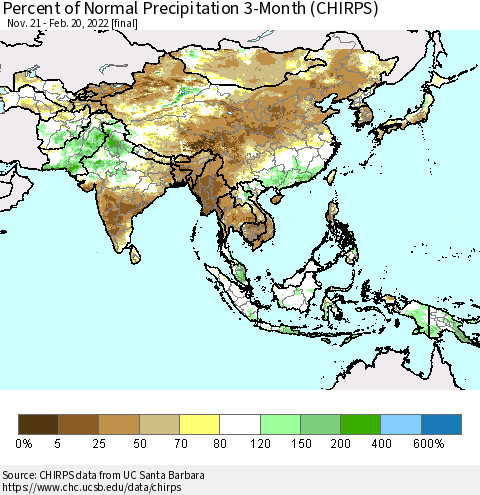 Asia Percent of Normal Precipitation 3-Month (CHIRPS) Thematic Map For 11/21/2021 - 2/20/2022