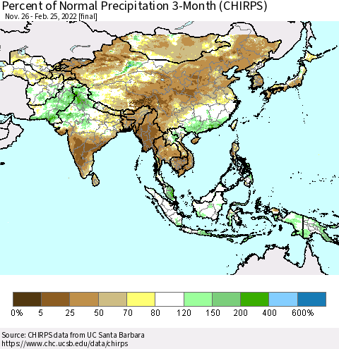Asia Percent of Normal Precipitation 3-Month (CHIRPS) Thematic Map For 11/26/2021 - 2/25/2022