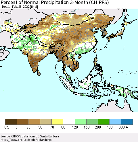 Asia Percent of Normal Precipitation 3-Month (CHIRPS) Thematic Map For 12/1/2021 - 2/28/2022