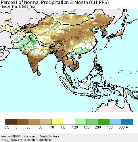 Asia Percent of Normal Precipitation 3-Month (CHIRPS) Thematic Map For 12/6/2021 - 3/5/2022