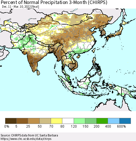 Asia Percent of Normal Precipitation 3-Month (CHIRPS) Thematic Map For 12/11/2021 - 3/10/2022