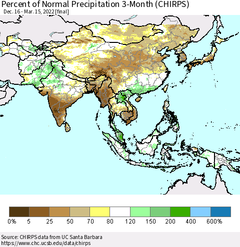 Asia Percent of Normal Precipitation 3-Month (CHIRPS) Thematic Map For 12/16/2021 - 3/15/2022