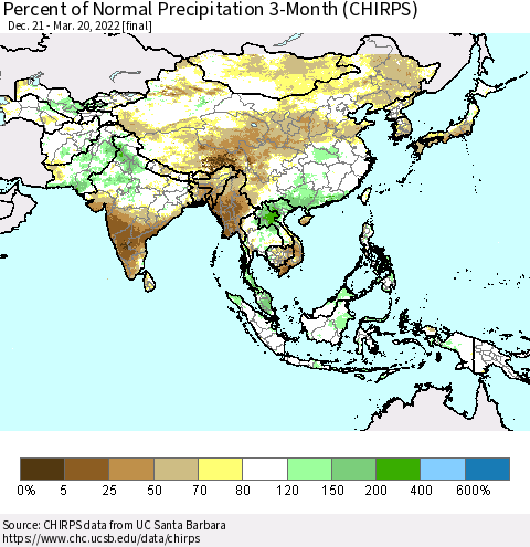 Asia Percent of Normal Precipitation 3-Month (CHIRPS) Thematic Map For 12/21/2021 - 3/20/2022